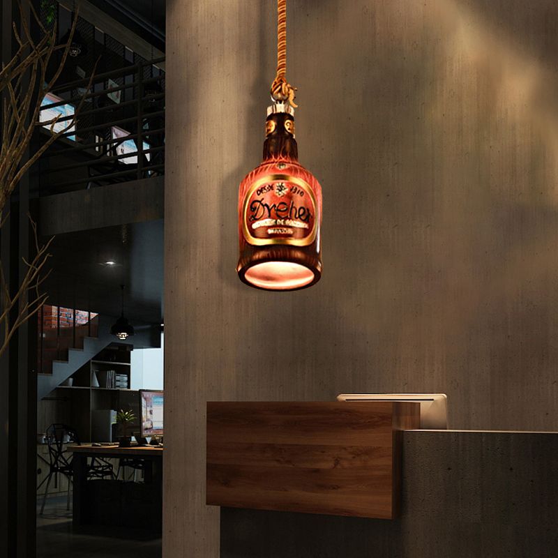 Resin Red/Yellow Drop Pendant Wine Bottle 1 Light Industrial Style Hanging Lamp Kit for Restaurant