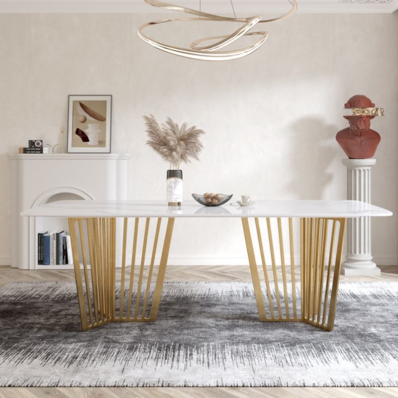 Luxury Sintered Stone Top White Table Rectangle Dining Table with Gold Double Pedestal