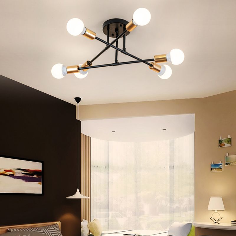 Crossed Lines Semi Flush Mount Light Nordic Metal 6 Lights Black/White Ceiling Light Fixture for Bedroom