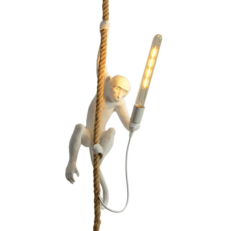 Resin Monkey Pendulum Light Novelty Lodge 1 Head Restaurant Ceiling Pendant in Gold/Black/White with Rope Cord