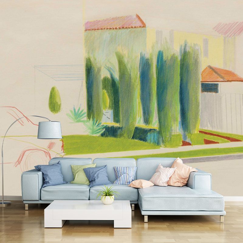 Pop Art Scene House Mural Wallpaper Yellow-Green Waterproof Wall Covering for Home