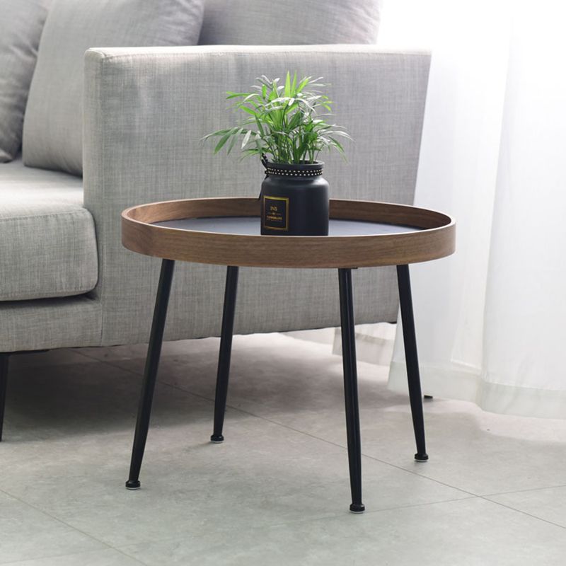 15.7"H Modern 4 Legs Metal Round Brown/Black Wood Top Coffee Table/Nesting Tables