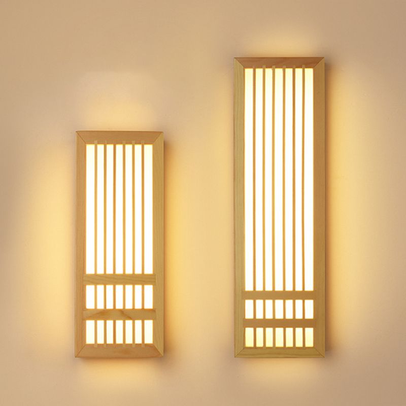 Japanese Style Wood Wall Light Cuboid LED Wall Sconce in Yellow for Bedroom