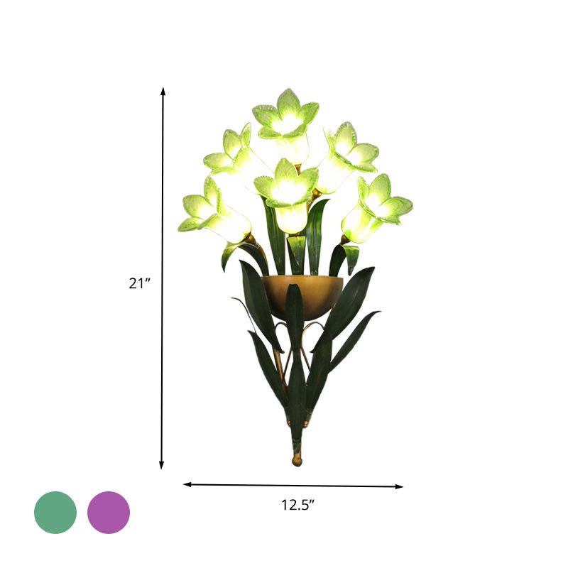 Green/Purple Glass Morning Glory Sconce 6/10 Lights Bedroom Wall Light Fixture with Leaf Deco