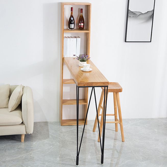 Modern Wood Natural Bistro Accent Dining Table Rectangle Bar Table with Wine Rack