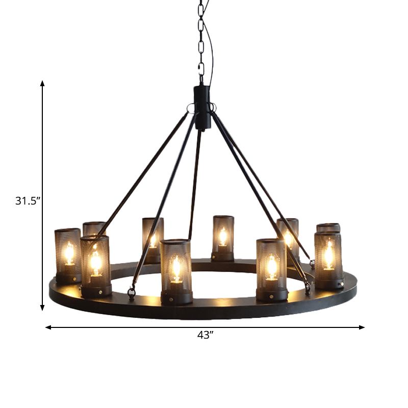 10 Lights Metal Ceiling Pendant Classic Black Cylinder Living Room Chandelier Lamp