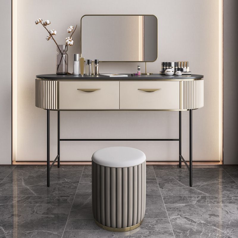 2 Storage Drawers Dresser with Mirror & Padded Stool Contemporary Stone Top Vanity