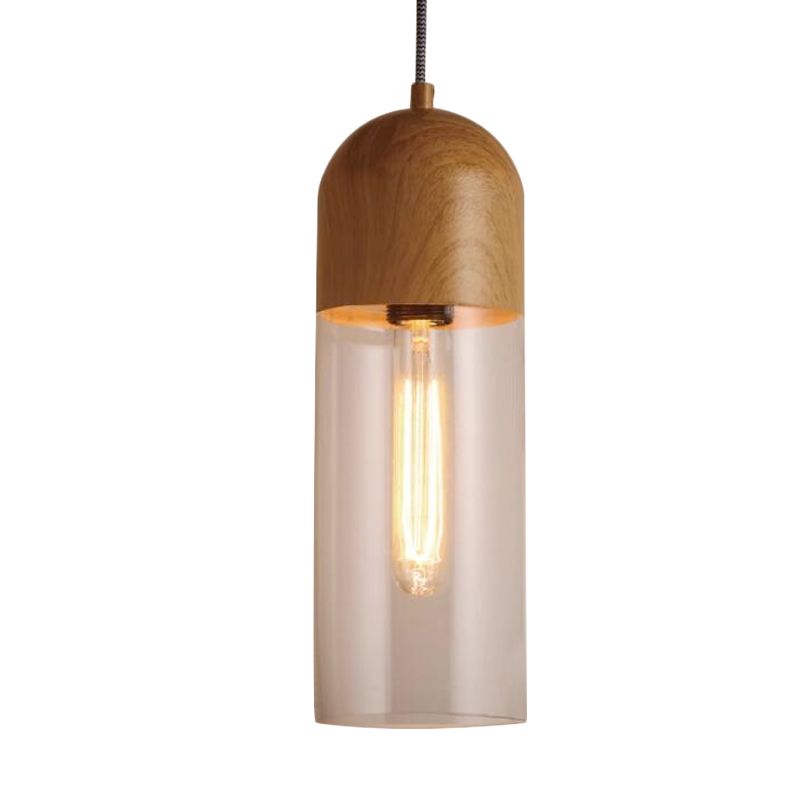 Half Capsule Ceiling Light Modern Clear Glass 1 Head Wood Pendant Lamp Fixture for Bedroom