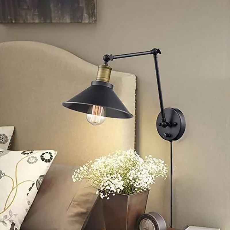 1 Kopfschwung Armwand montierte Lampe Bauernhaus Kegel Metallwandleuchte mit/ohne Stecker Schwarz