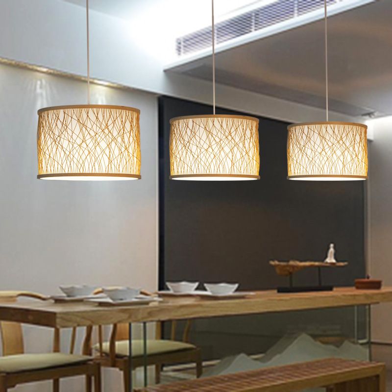 Japanese 1-Light Pendant Light Fixture with Hand-Woven Bamboo Beige Drum Shade Hanging Lamp for Restaurant