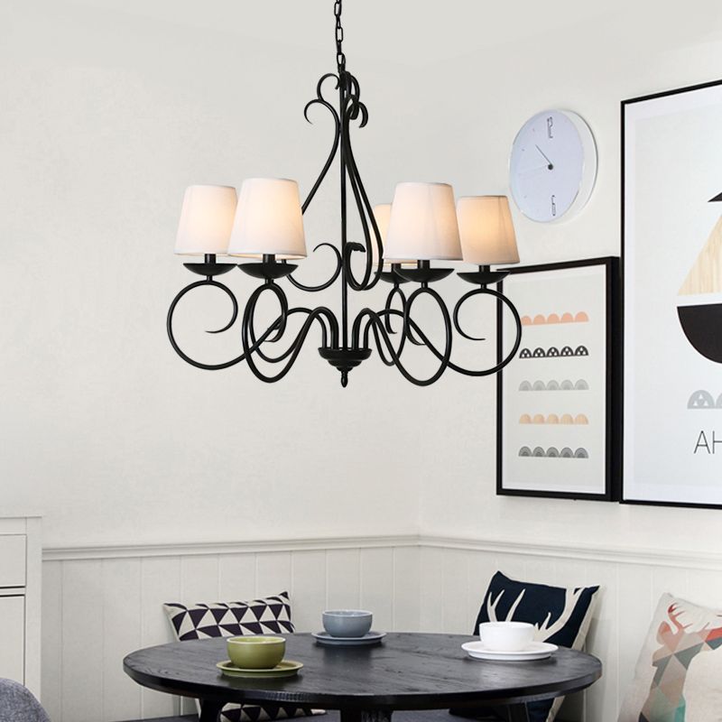 6 Lights Fabric Chandelier Light Traditional Coffee/Flaxen/White Conical Dining Room Hanging Light Fixture
