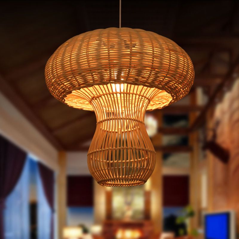 1 leichter Flur hängend Licht mit Pilz Rattan Schatten asiatischer Stil braun/beige Anhänger Beleuchtung
