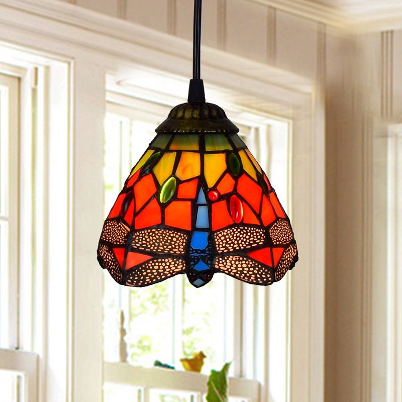 Shaded Pendant Light 1 Bulb Stained Art Glass Tiffany Suspension Light Fixture for Corridor