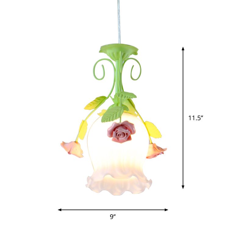 Pink 1 Head Hanging Ceiling Light Rural Opal Glass Scallop Suspension Pendant with Flowers Deco