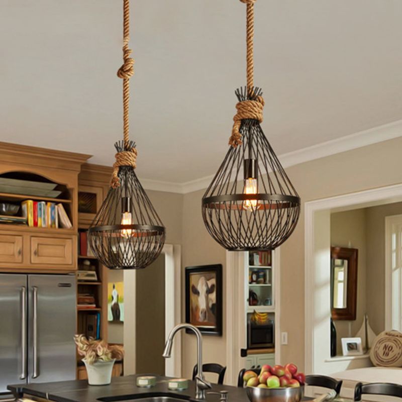 1 Head Teardrop Ceiling Lamp Countryside Black Finish Metal Restaurant Suspension Pendant Light with Rope