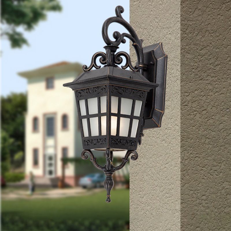 1-Light White Frosted Glass Sconce Lamp Lodges Black Finish Tower Shape Outdoor Wall Lighting Ideas