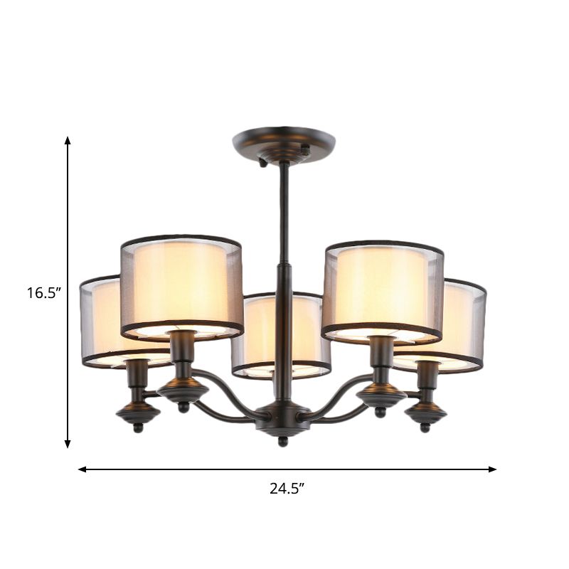 5/6 Bulbs Pendant Chandelier Traditional Double Drum Fabric Hanging Ceiling Light in Black for Bedroom