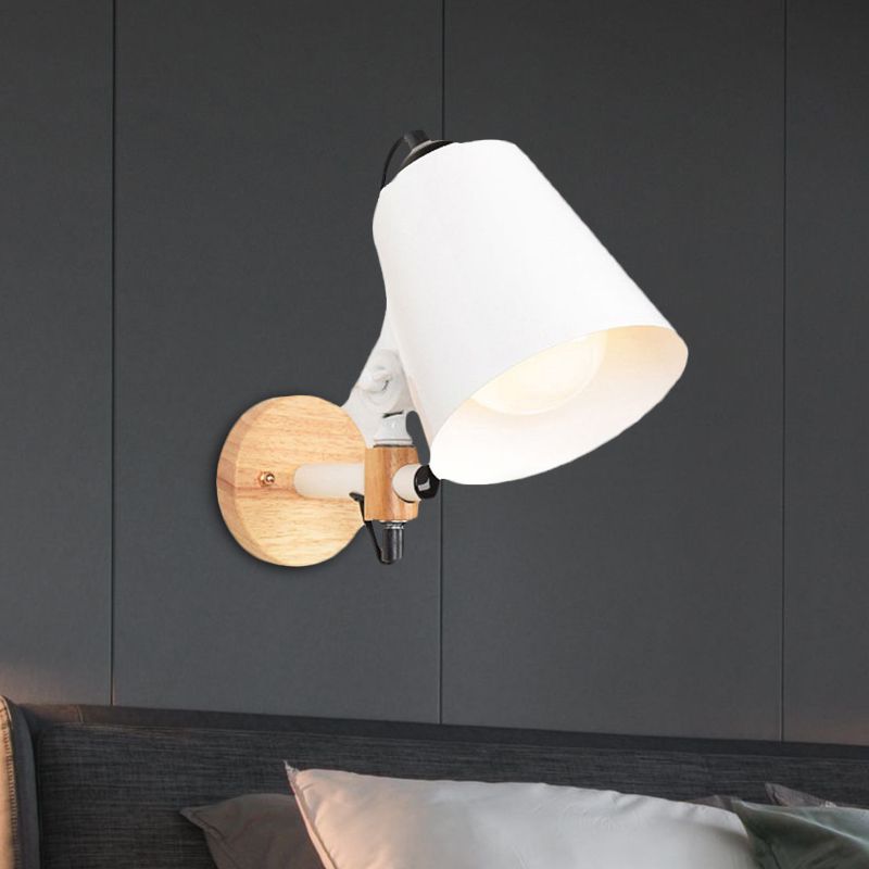 Bucket Shade Metal Wall Lamp Modernism 1 Light Corridor Wall Mount Light with Wooden Backplate in Black/White