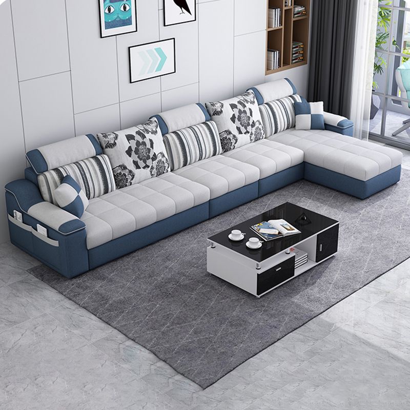 Pillow Top Linen Sofa & Chaise 31.5" H Loose Back Sofa in Grey and Blue