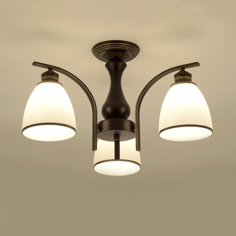 Black Radial Ceiling Light in Traditional Retro Style Wrought Iron Semi Flush Mount with Glass Shade