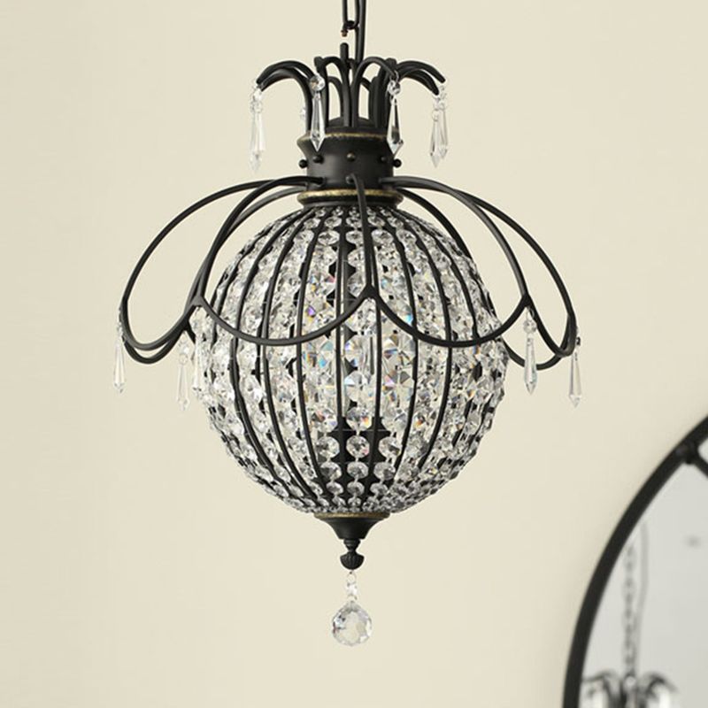 Pineapple Crystal Pendant Chandelier Vintage 3-Light Black Hanging Lamp for Dining Room