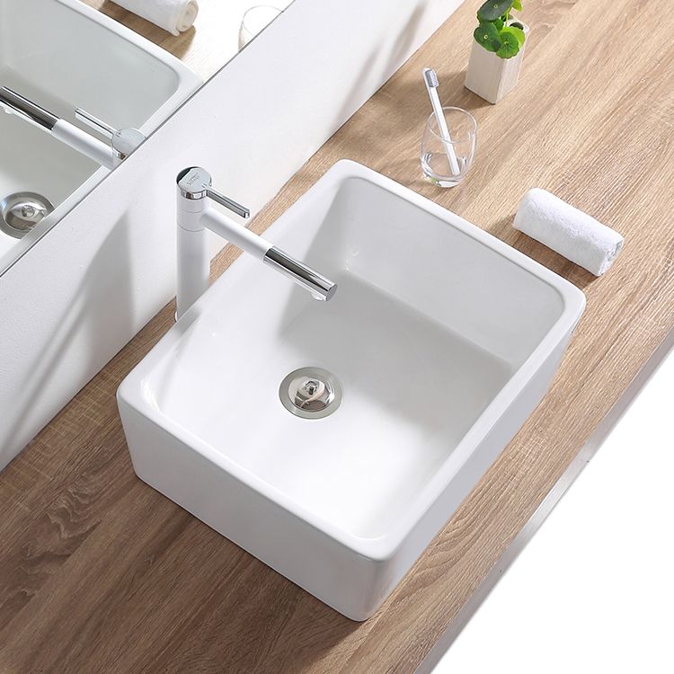 Contemporary Bathroom Sink Pop-Up Drain Porcelain Rectangular Vessel Lavatory Sink