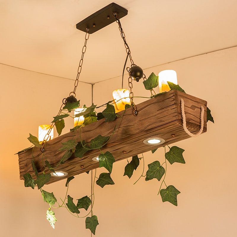 Rectangle Dining Room Island Pendant Industrial Marble 4 Lights Wood Hanging Ceiling Light