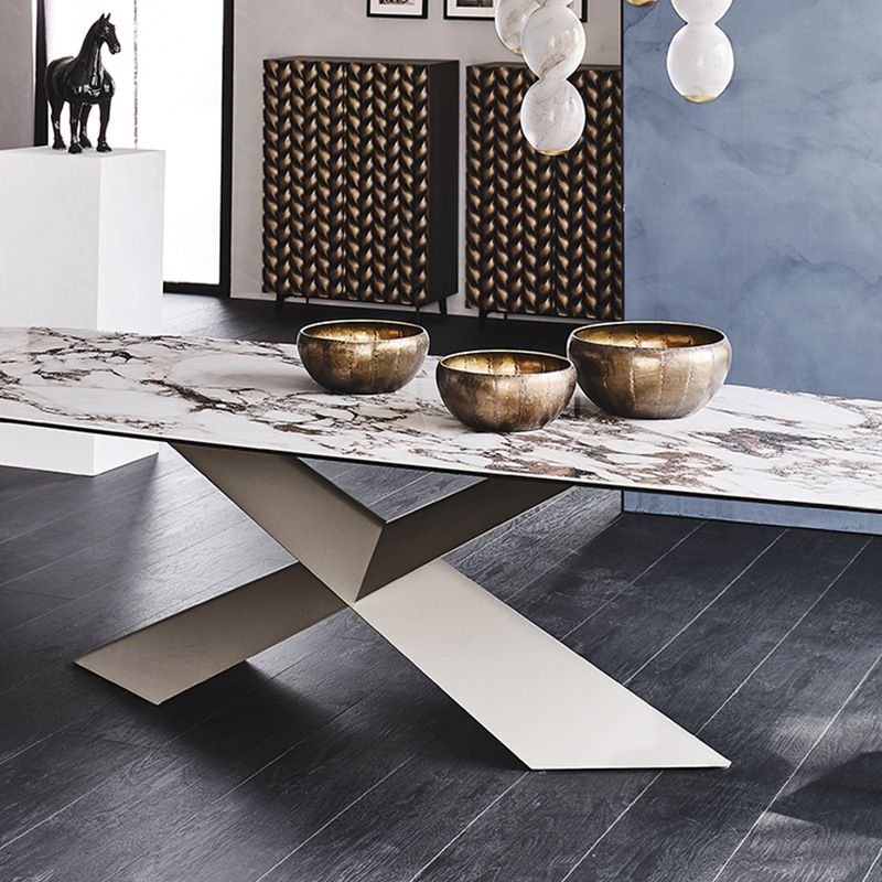Modern Gray Stone Top Table Metal Base Rectangle Dining Table for Kitchen