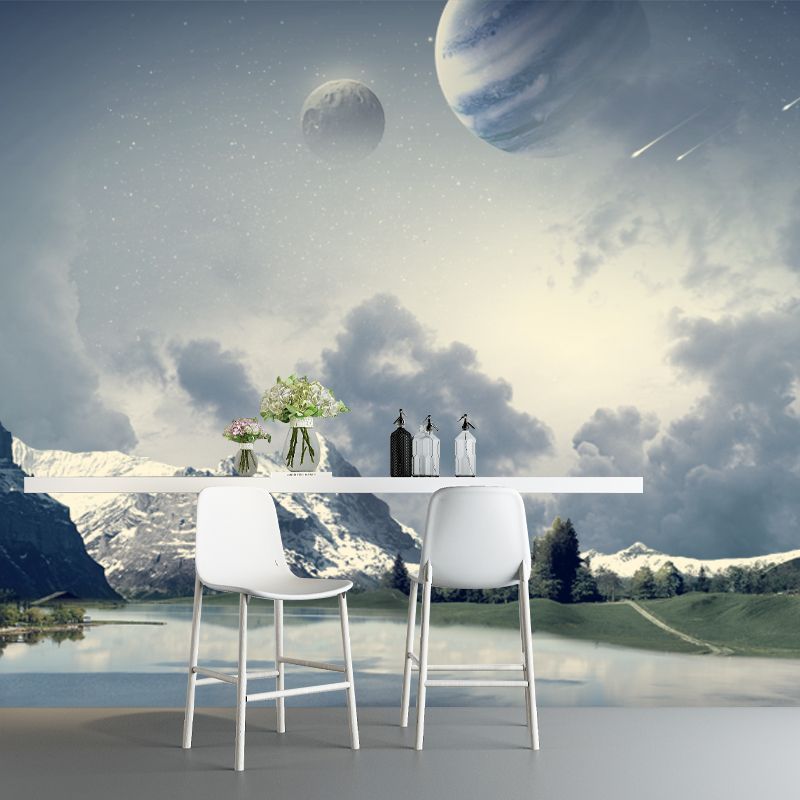 Large Tranquil Lake Landscape Mural Futuristic Dreamy Planets Wall Decor in Aqua