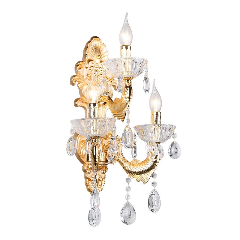 Classic Candle Wall Mount Lamp 3-Light Crystal Wall Light in Gold with Fish-Shaped Metal Arm