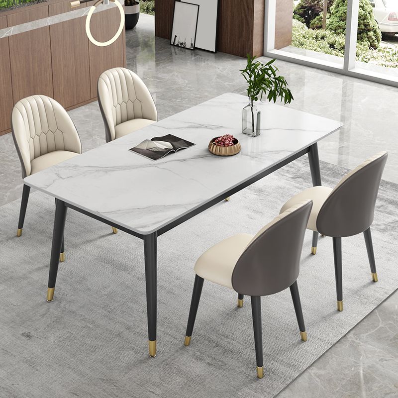 Sintered Stone White Tone Table Luxury Style 4 Legs Table for Dining Room