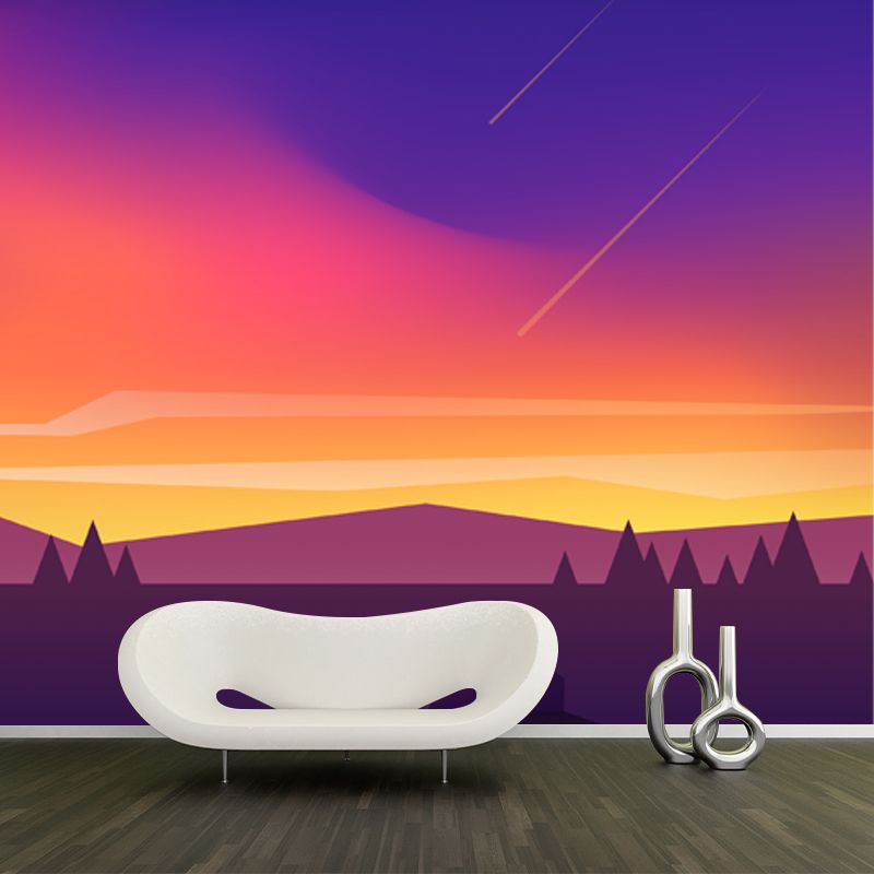 Whole Mountain Meteor Shower Mural for Bedroom Night Scenery Wall Art in Yellow-Blue, Washable