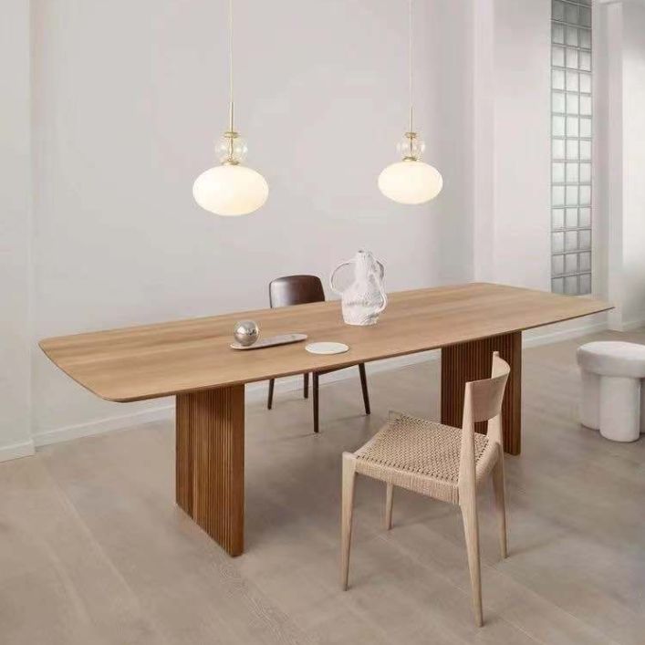 Esstisch mit Massivholzplatte, rechteckiger, moderner Tisch mit doppeltem Sockel
