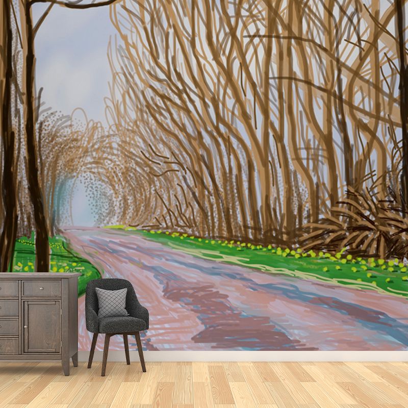 Brown Roadside Leafless Trees Mural Waterproof Artistic Living Room Wall Decoration