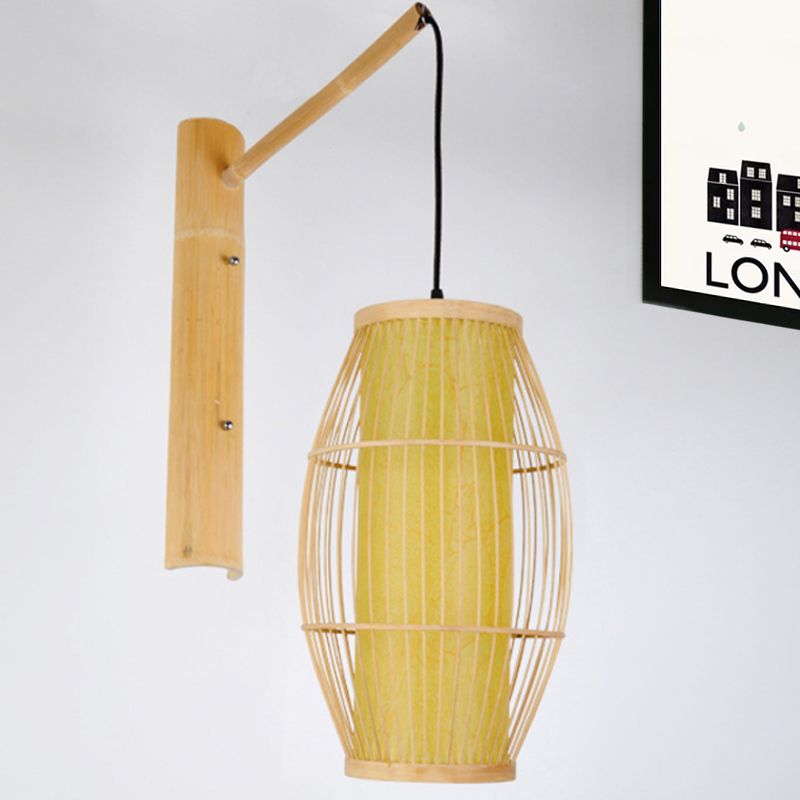 Asian Style Oblong Hanging Wall Light Bamboo 1 Bulb Bedroom Sconce Light Fixture in Beige