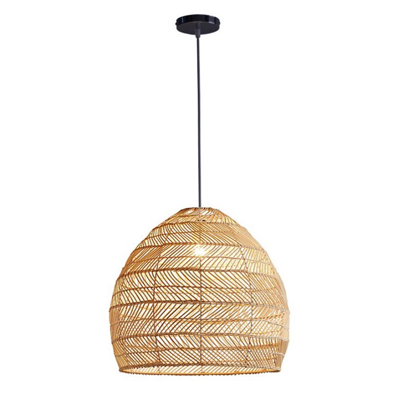 Living Room Pendant Lighting Chinese Beige Hanging Lamp with Elongated Dome Rattan Shade