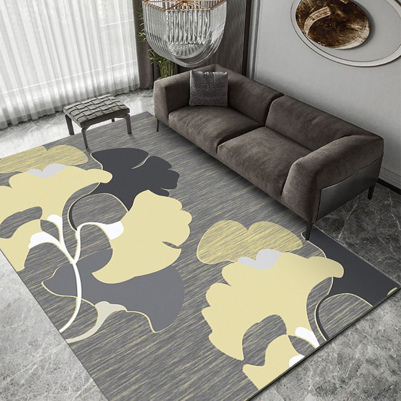 Dark Colored Modern Rug Plants Pattern Area Carpet Polyester Stain Resistant Rug for Living Room