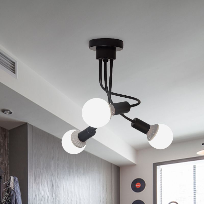 Black Finish Curved Arm Semi Flush Mount Light Minimalist 3/5 Bulbs Iron Flush Ceiling Lamp Fixture
