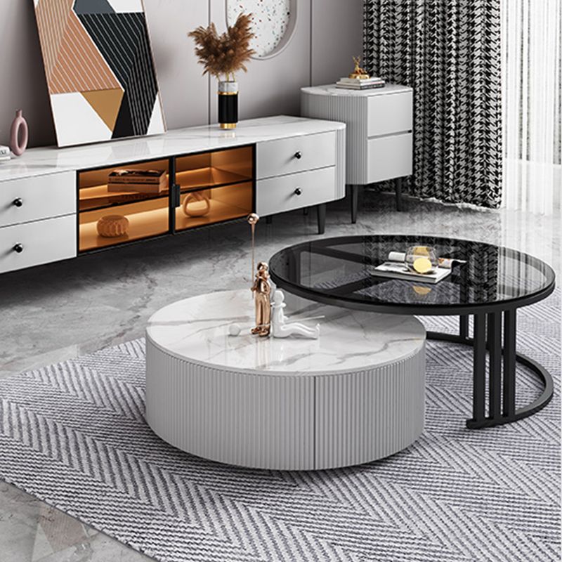 Glass Coffee Table Frame Round Nesting Coffee Table with Storage Drawers