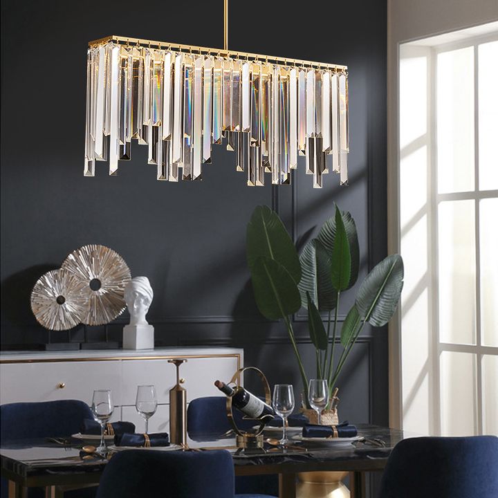 Rectangular Dining Room Hanging Lamp Crystal Minimalist LED Island Light in Gold