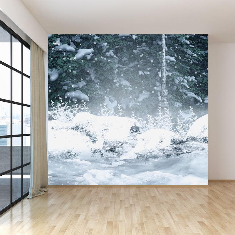 Modern Winter Forest Mural Non-Woven Texture Waterproof White Wall Art for Bedroom