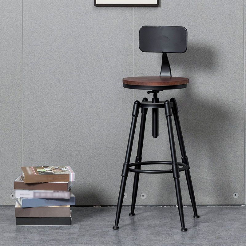 Industrial Iron Adjustable Swivel Barstool Indoor Tall Stool with Round Pine Seat