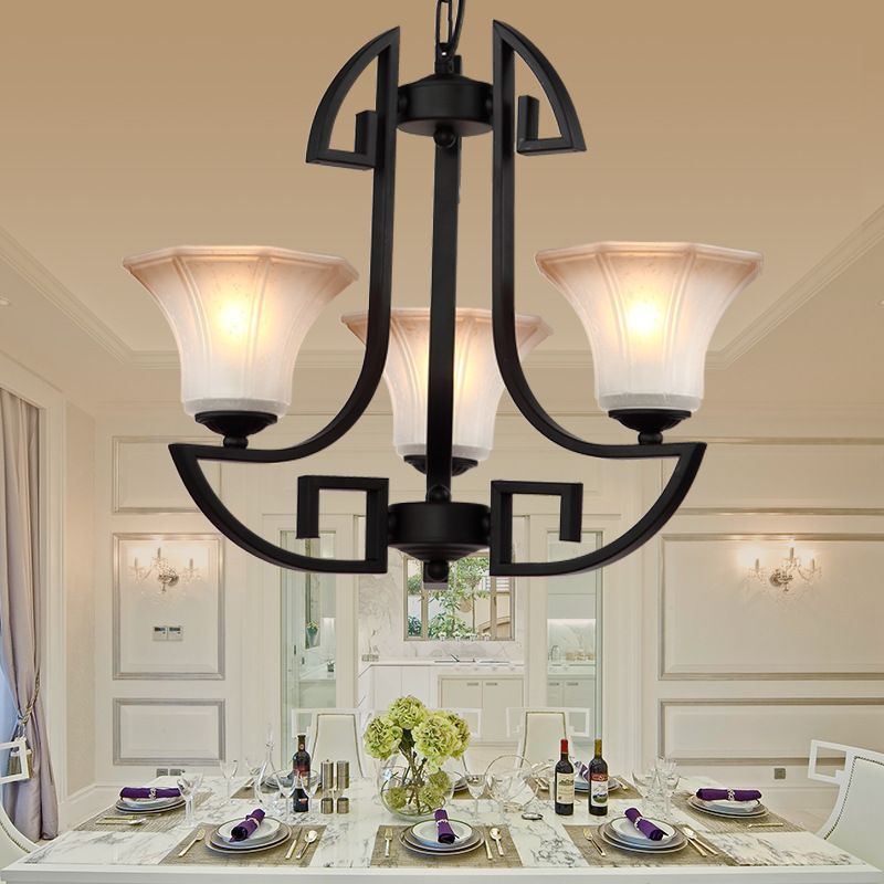Black 3/6 lumières Pendre lustre en verre givré vintage et forme de fleur en métal Lumière suspendue