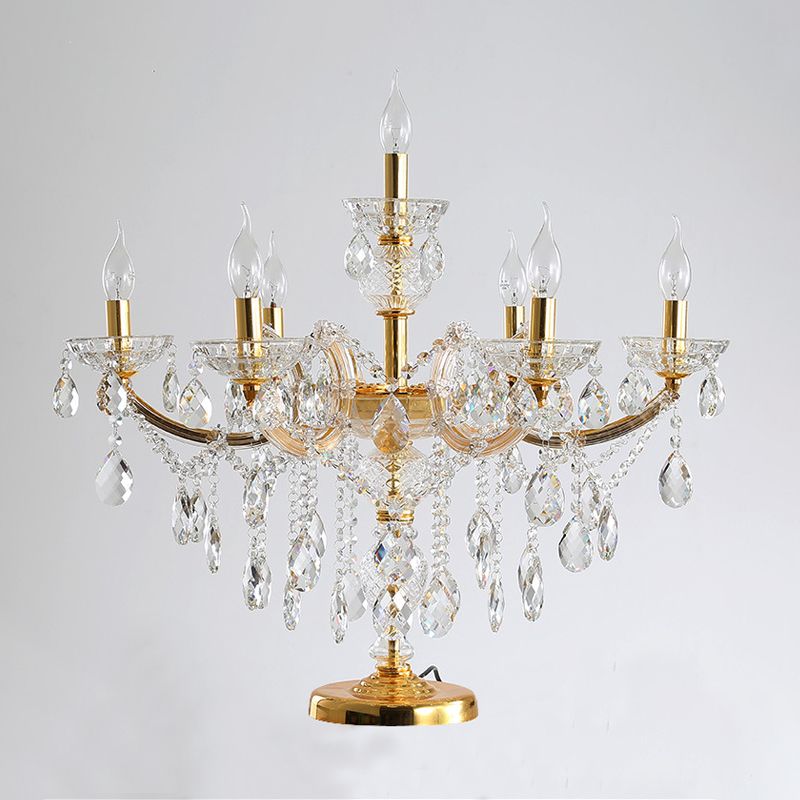 7 Bulbs Crystal Strand Night Table Lamp Traditional Gold Candelabra Bedroom Nightstand Light