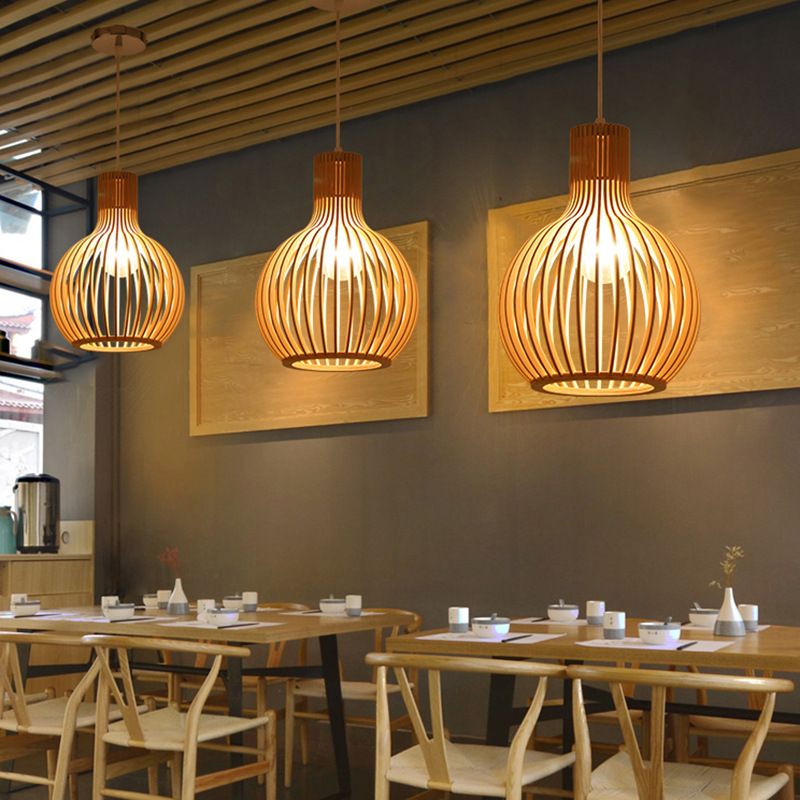 1 Leichte Anhängerlampe mit Holzrahmen Moderne Federleuchten für Esszimmer