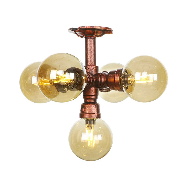 Farmhouse Global Semi Mount Lighting 4/5/6-Light Amber Glass LED Flush Lamp Fixture in Copper