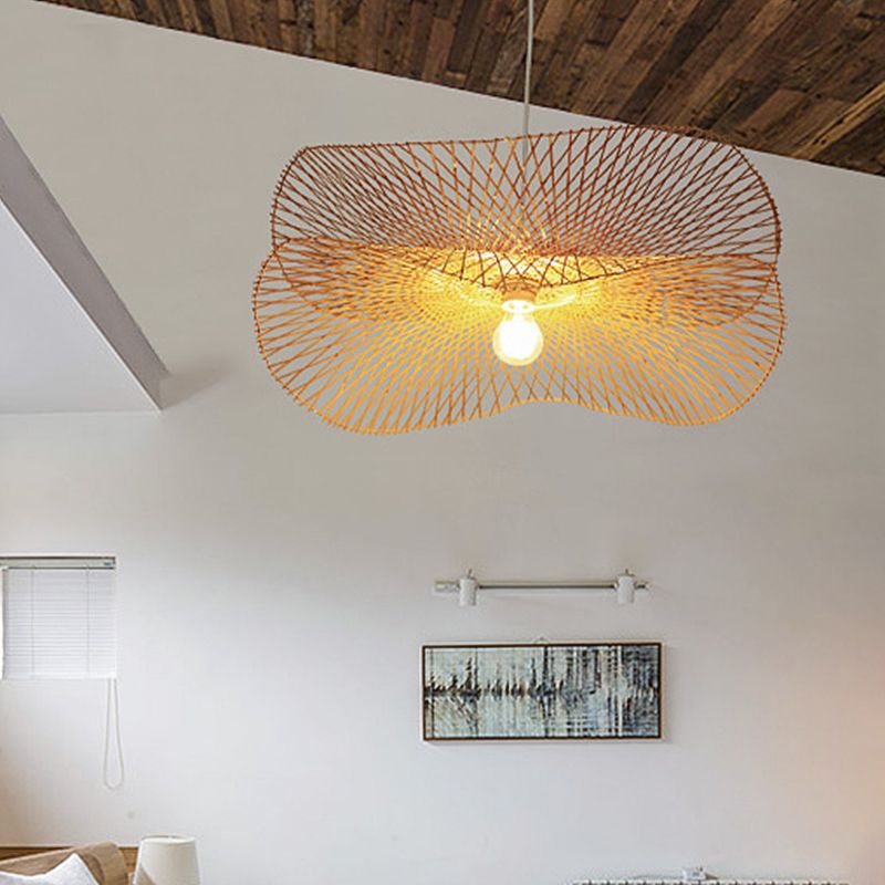 Chinese Hand-Worked Pendant Light Bamboo 1 Bulb Suspended Lighting Fixture in Beige