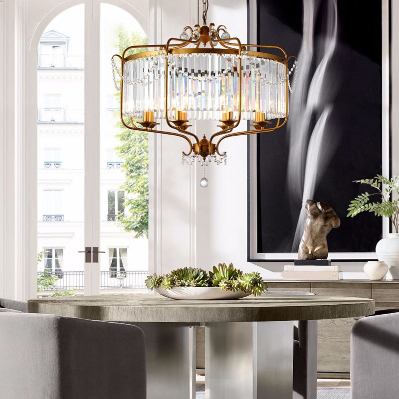 Faceted Crystal Chandelier Lamp Round Countryside Pendant Light Kit with Wire Cage for Living Room