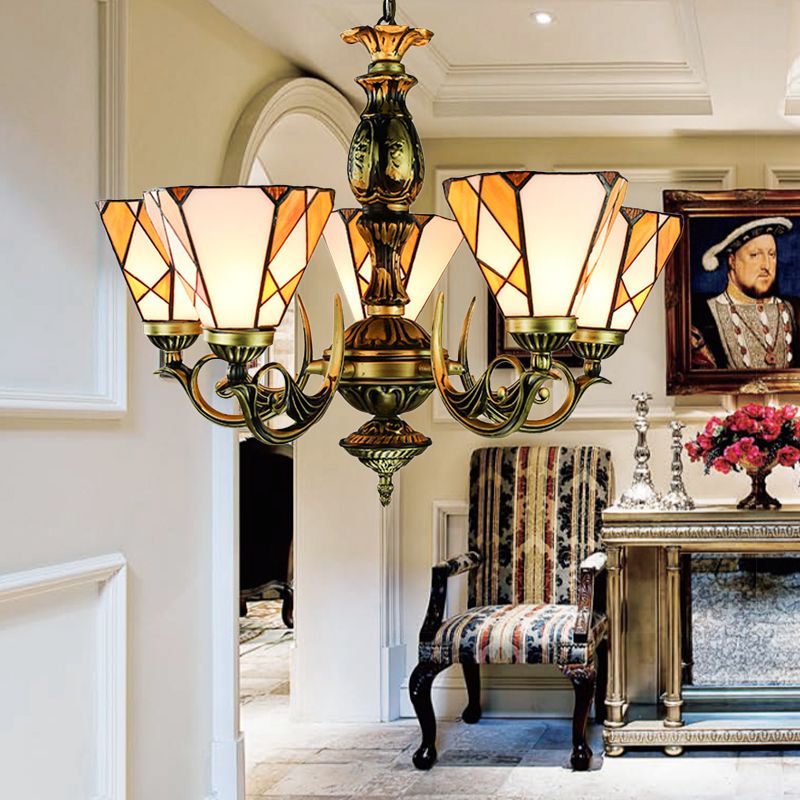 Stained Glass Cone Chandelier Light with Metal Chain 5 Lights Tiffany Lighting for Bedroom