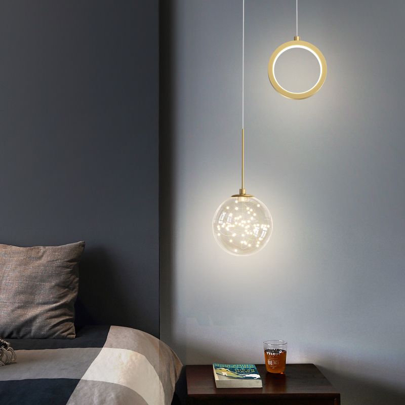 Glass Ball and Ring LED Pendant Minimalist 2-Light Gold Starry Suspension Light for Bedroom